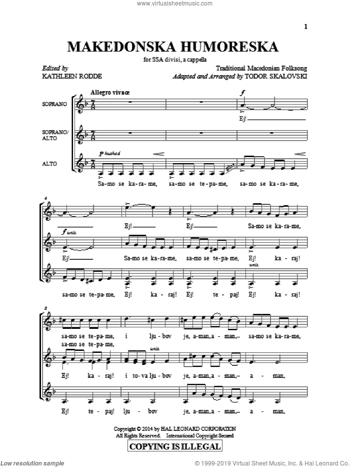 Makedonska Humoreska sheet music for choir (SSA: soprano, alto) by Kathleen Rodde, Denko Skalovski and Todor Skalovski, intermediate skill level
