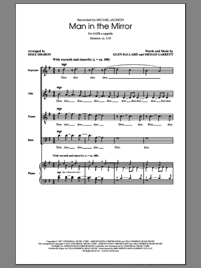 Man In The Mirror (arr. Deke Sharon) sheet music for choir (SATB: soprano, alto, tenor, bass) by Michael Jackson, Deke Sharon, Glen Ballard and Siedah Garrett, intermediate skill level