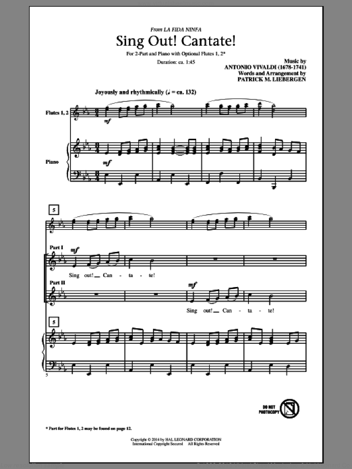 Sing Out! Cantate! sheet music for choir (2-Part) by Antonio Vivaldi and Patrick Liebergen, classical score, intermediate duet
