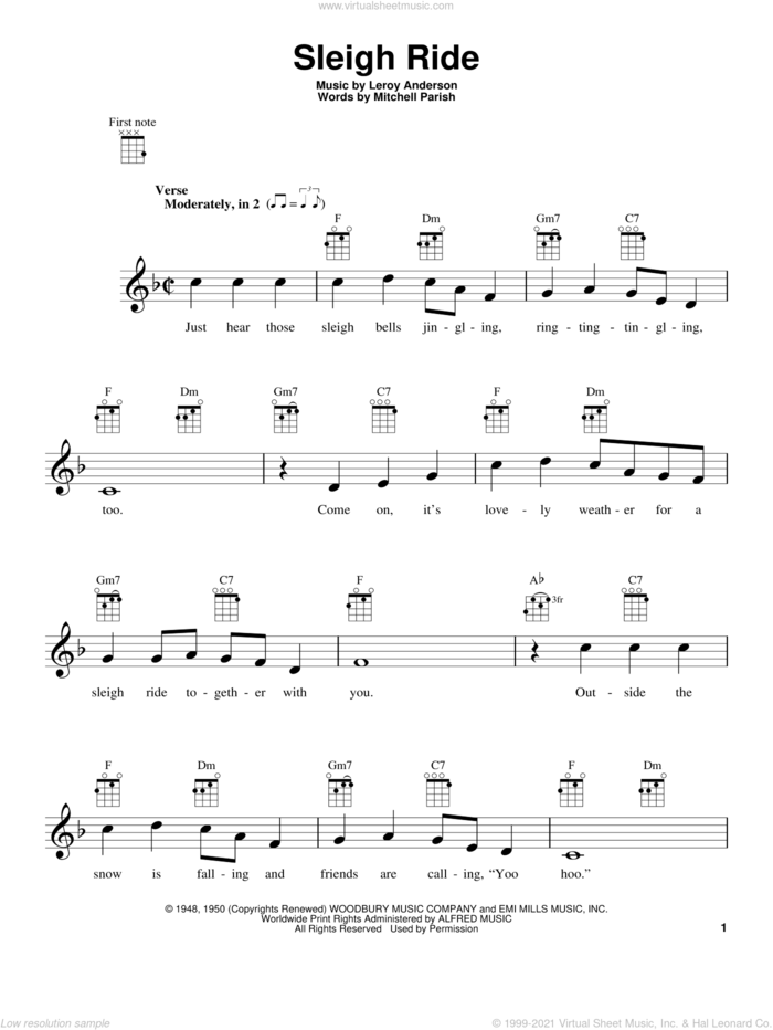 Sleigh Ride sheet music for ukulele by LeRoy Anderson and Mitchell Parish, intermediate skill level