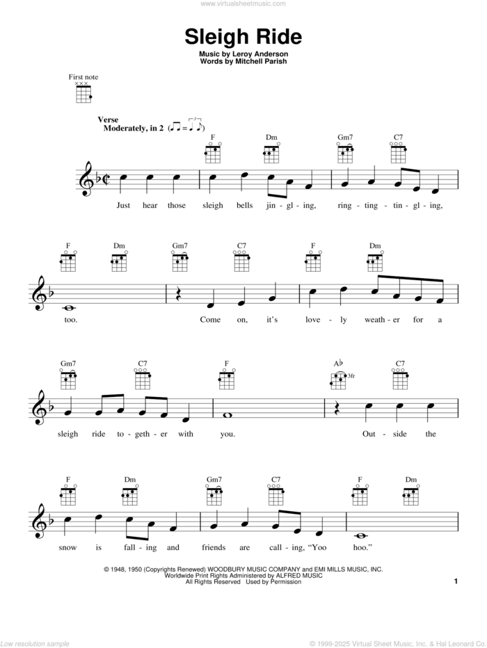 Sleigh Ride sheet music for ukulele by Mitchell Parish and Leroy Anderson, intermediate skill level