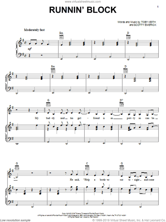 Runnin' Block sheet music for voice, piano or guitar by Toby Keith and Scotty Emerick, intermediate skill level