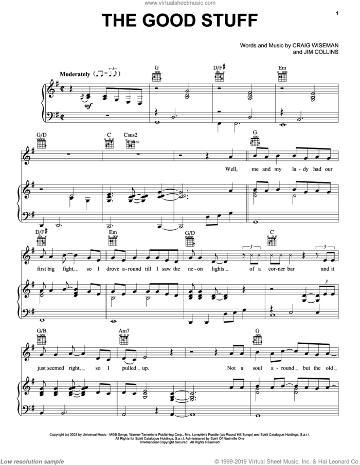 The Good Stuff sheet music for voice, piano or guitar by Kenny Chesney, Craig Wiseman and Jim Collins, intermediate skill level