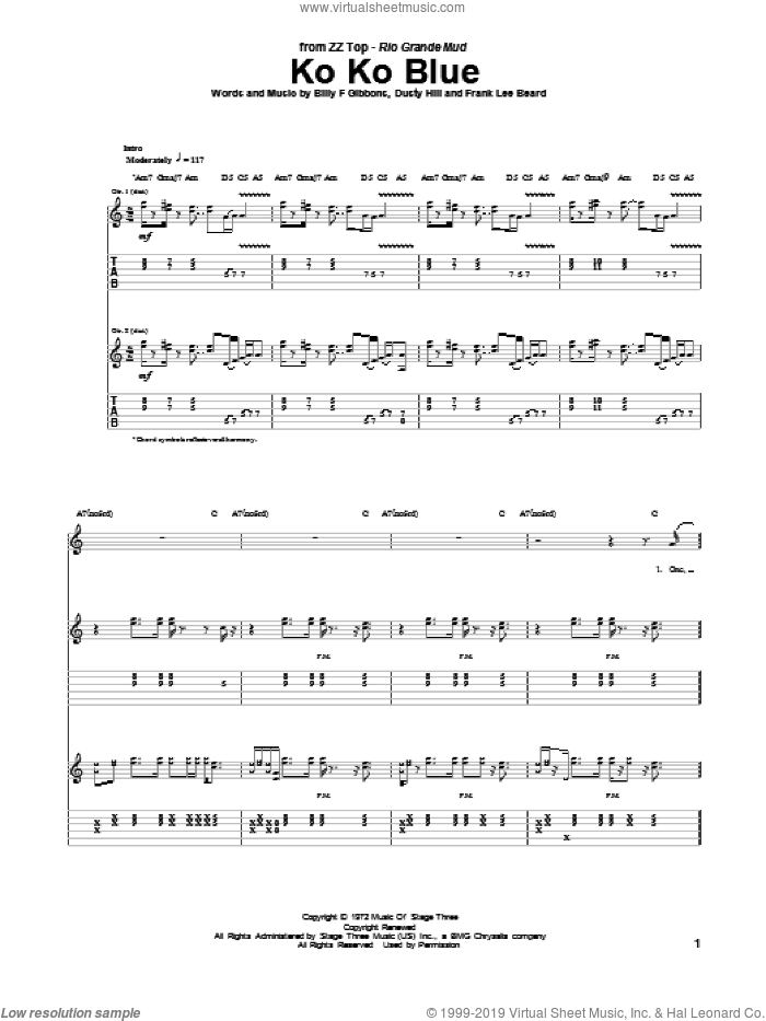 Ko Ko Blue sheet music for guitar (tablature) by ZZ Top, Billy Gibbons, Dusty Hill and Frank Beard, intermediate skill level