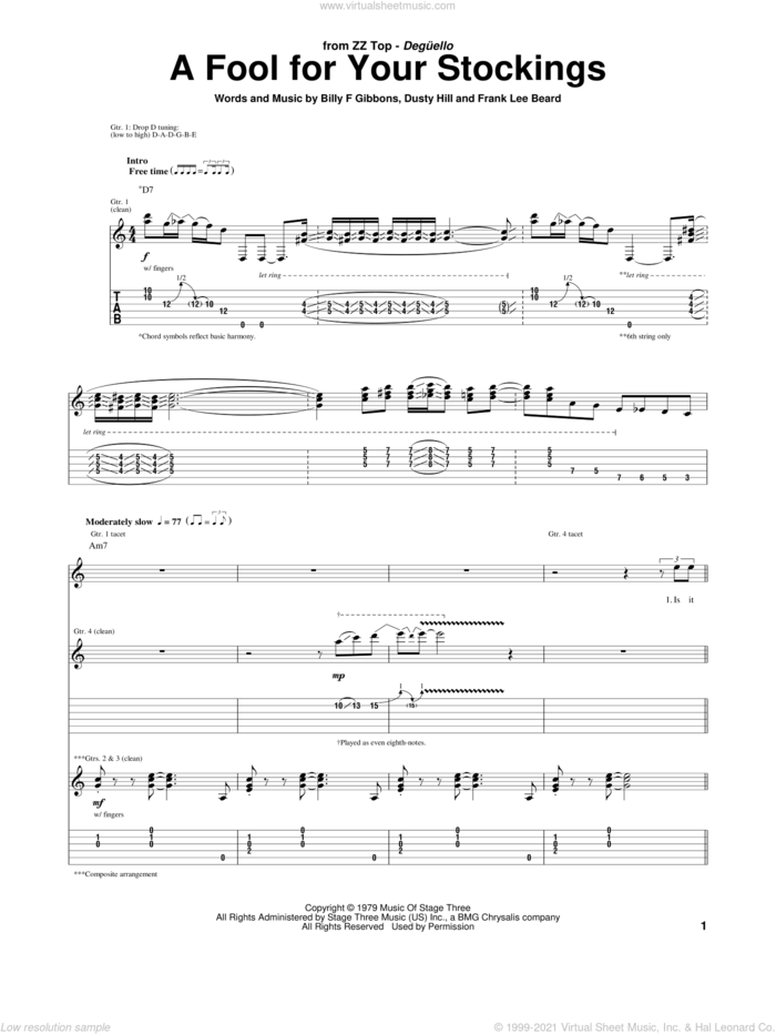 A Fool For Your Stockings sheet music for guitar (tablature) by ZZ Top, Billy Gibbons, Dusty Hill and Frank Beard, intermediate skill level