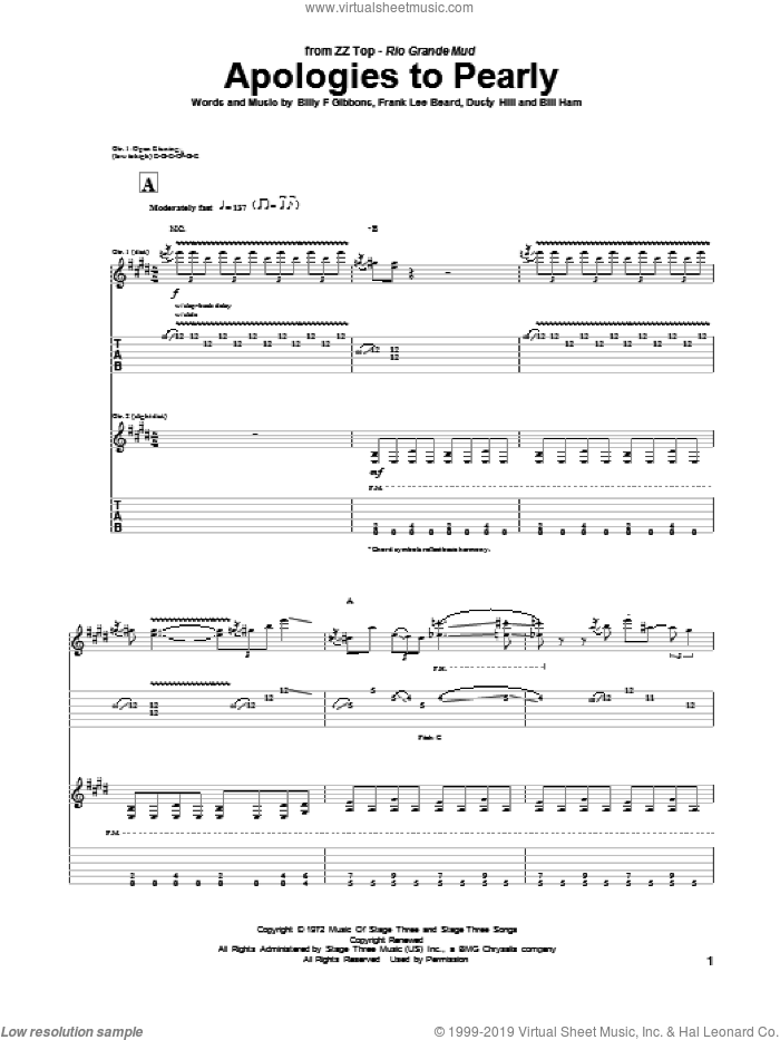 Apologies To Pearly sheet music for guitar (tablature) by ZZ Top, Bill Ham, Billy Gibbons, Dusty Hill and Frank Beard, intermediate skill level