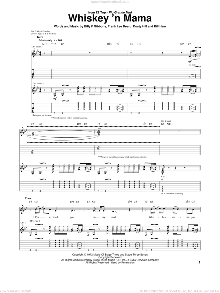 Whiskey 'N Mama sheet music for guitar (tablature) by ZZ Top, Bill Ham, Billy Gibbons, Dusty Hill and Frank Beard, intermediate skill level