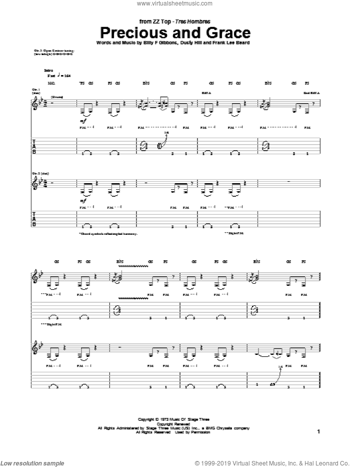 Precious And Grace sheet music for guitar (tablature) by ZZ Top, Billy Gibbons, Dusty Hill and Frank Beard, intermediate skill level