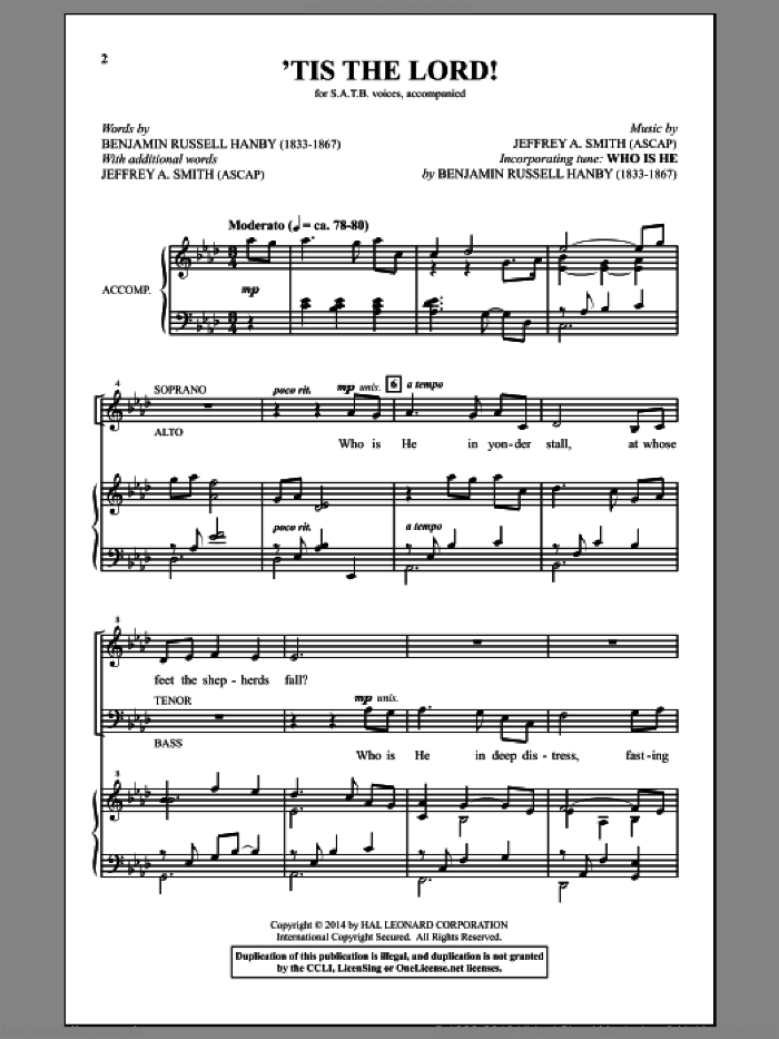 'Tis The Lord! sheet music for choir (SATB: soprano, alto, tenor, bass) by Jeffrey A. Smith and Benjamin Russell Hanby, intermediate skill level