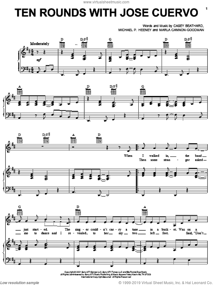 Ten Rounds With Jose Cuervo sheet music for voice, piano or guitar by Tracy Byrd, Casey Beathard, Marla Cannon-Goodman and Michael Heeney, intermediate skill level