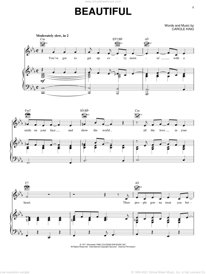 Beautiful sheet music for voice, piano or guitar by Carole King, intermediate skill level