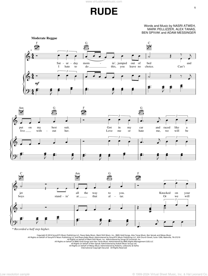 Rude sheet music for voice, piano or guitar by MAGIC!, Adam Messinger, Alex Tanas, Ben Spivak, Mark Pellizzer and Nasri Atweh, intermediate skill level