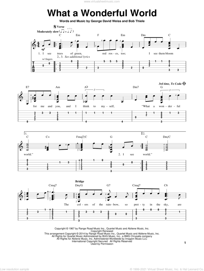 What A Wonderful World sheet music for guitar solo (easy tablature) by Louis Armstrong, Bob Thiele, George David Weiss, Louis Armstrong with Kenny G. and Rod Stewart feat. Stevie Wonder, easy guitar (easy tablature)