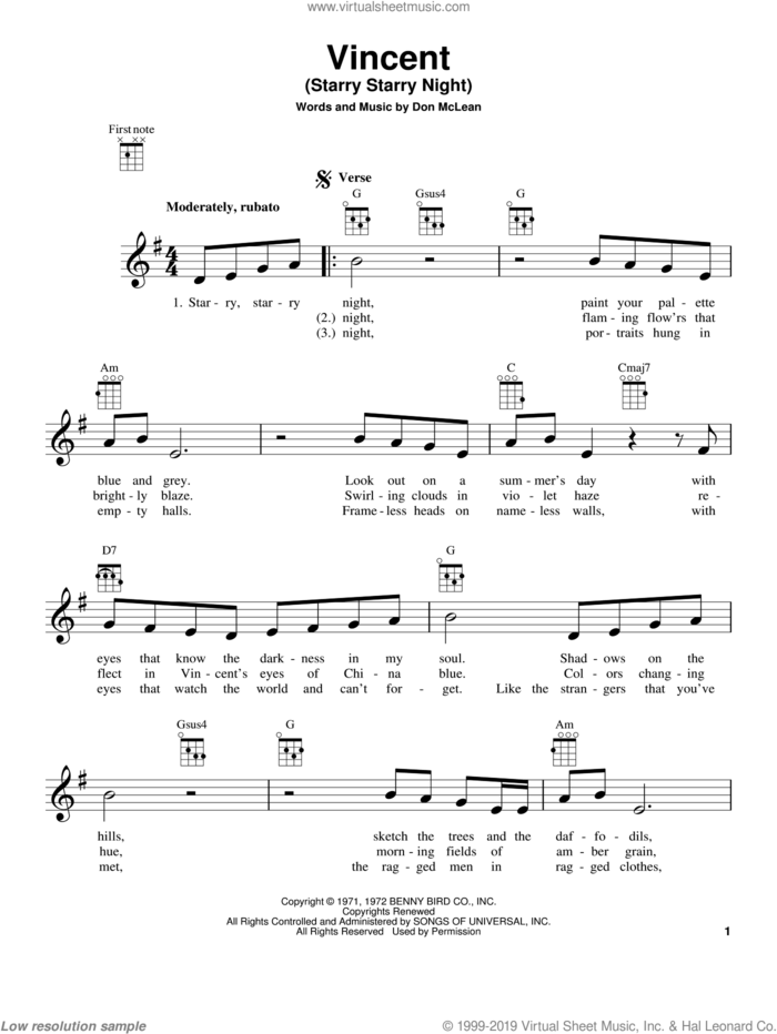 Vincent (Starry Starry Night) sheet music for ukulele by Don McLean, intermediate skill level