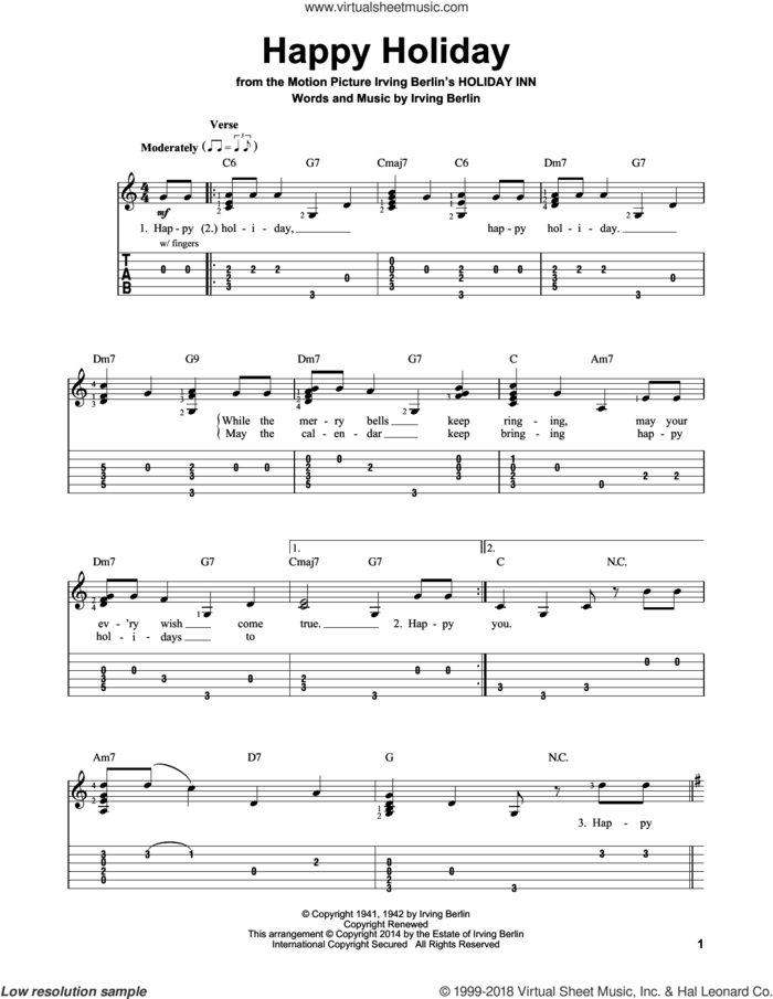 Happy Holiday sheet music for guitar solo (easy tablature) by Irving Berlin, easy guitar (easy tablature)