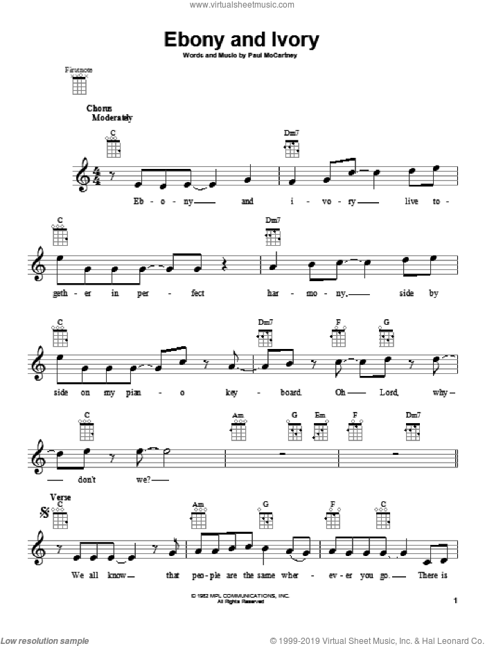 Ebony And Ivory sheet music for ukulele by Paul McCartney, Miscellaneous and Paul McCartney and Stevie Wonder, intermediate skill level