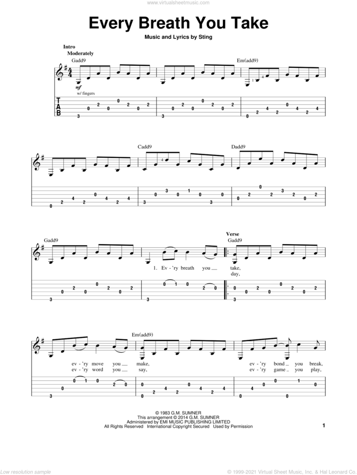 Every Breath You Take sheet music for guitar solo (easy tablature) by The Police and Sting, easy guitar (easy tablature)