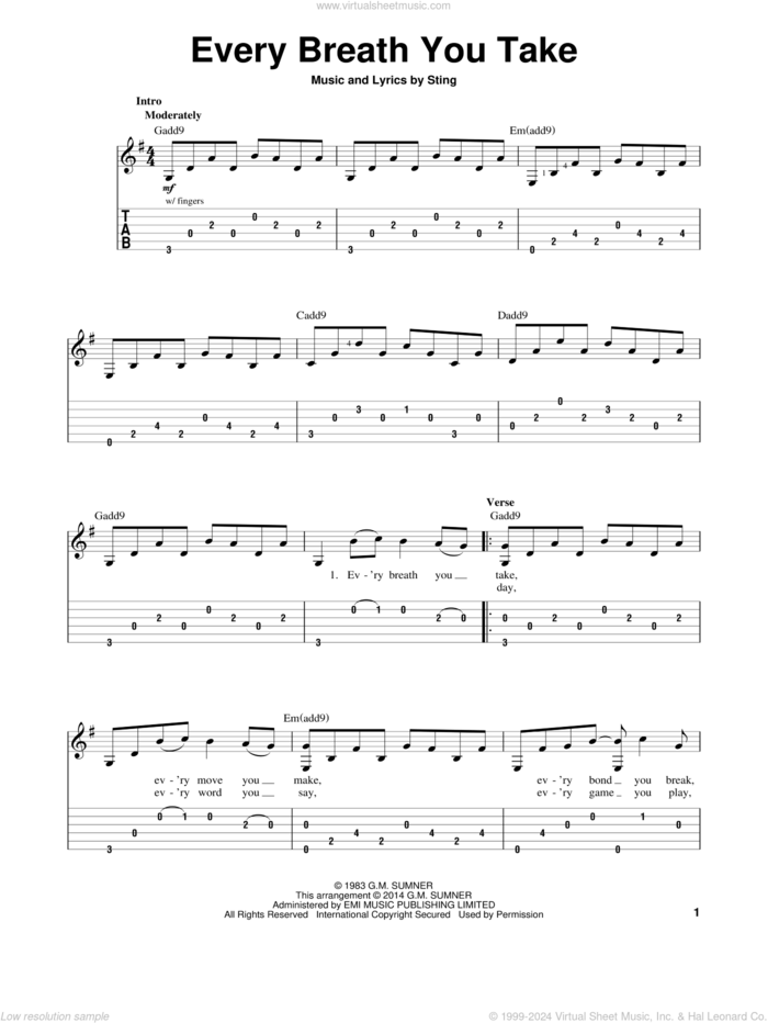 Every Breath You Take sheet music for guitar solo (easy tablature) by The Police and Sting, easy guitar (easy tablature)