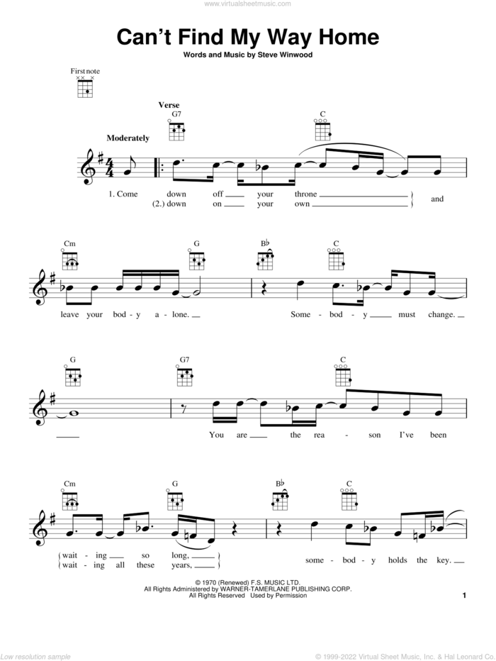 Can't Find My Way Home sheet music for ukulele by Eric Clapton, Blind Faith and Steve Winwood, intermediate skill level