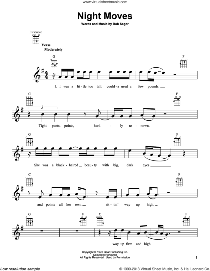 Night Moves sheet music for ukulele by Bob Seger, intermediate skill level
