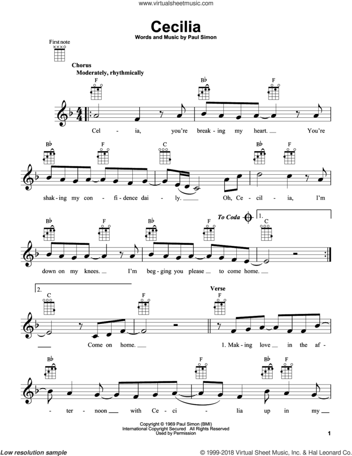 Cecilia sheet music for ukulele by Simon & Garfunkel and Paul Simon, intermediate skill level