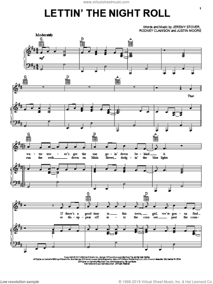 Lettin' The Night Roll sheet music for voice, piano or guitar by Justin Moore, Jeremy Stover and Rodney Clawson, intermediate skill level