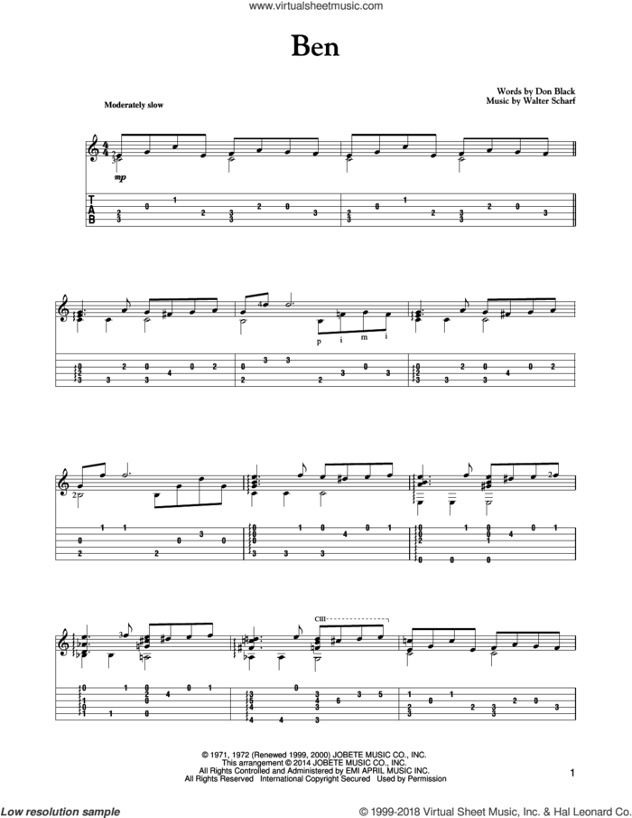 Ben sheet music for guitar solo by Michael Jackson, Don Black and Walter Scharf, intermediate skill level
