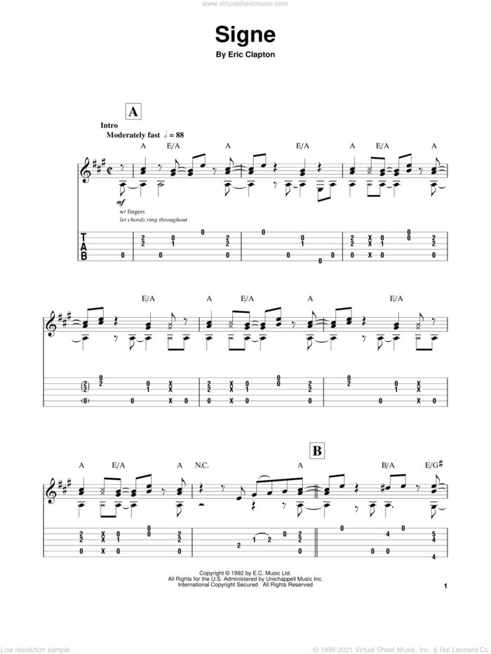 Signe sheet music for guitar (tablature, play-along) by Eric Clapton, intermediate skill level