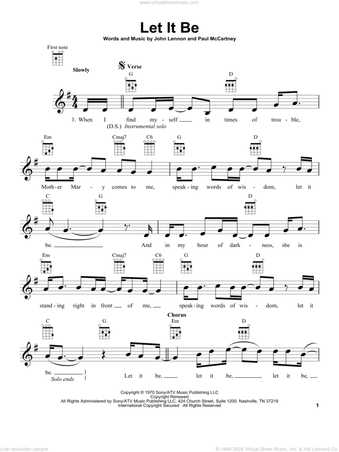 Let It Be sheet music for ukulele by The Beatles, Kris Allen, John Lennon and Paul McCartney, intermediate skill level