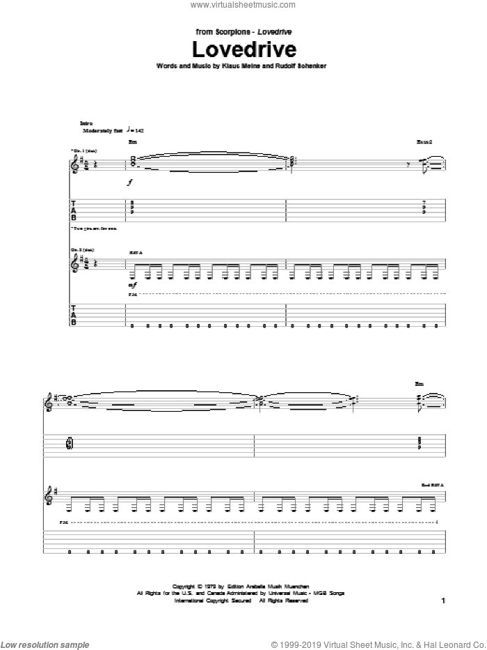 Lovedrive sheet music for guitar (tablature) by Scorpions, Klaus Meine and Rudolf Schenker, intermediate skill level