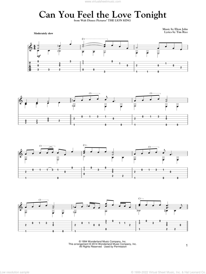 Can You Feel The Love Tonight (from The Lion King) sheet music for guitar solo by Elton John and Tim Rice, wedding score, intermediate skill level