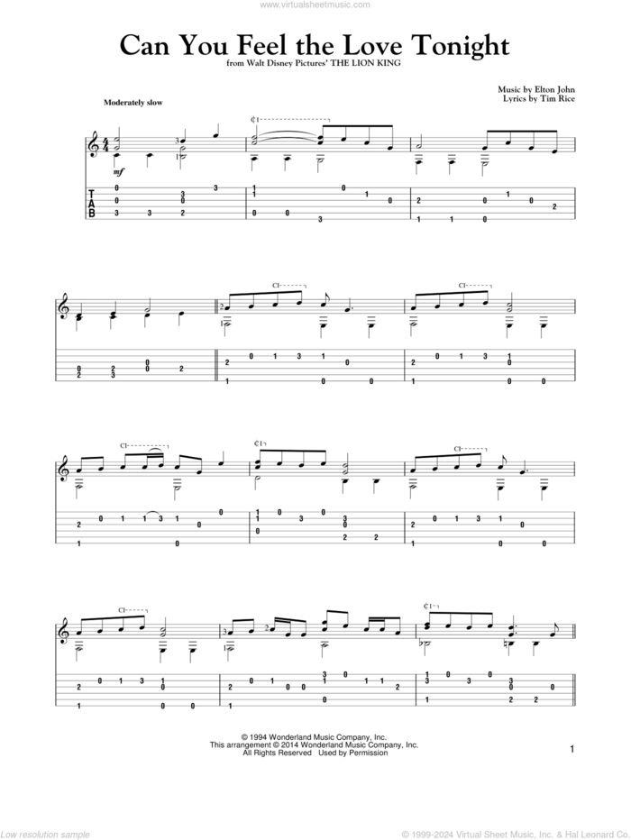 Can You Feel The Love Tonight (from The Lion King) sheet music for guitar solo by Elton John and Tim Rice, wedding score, intermediate skill level