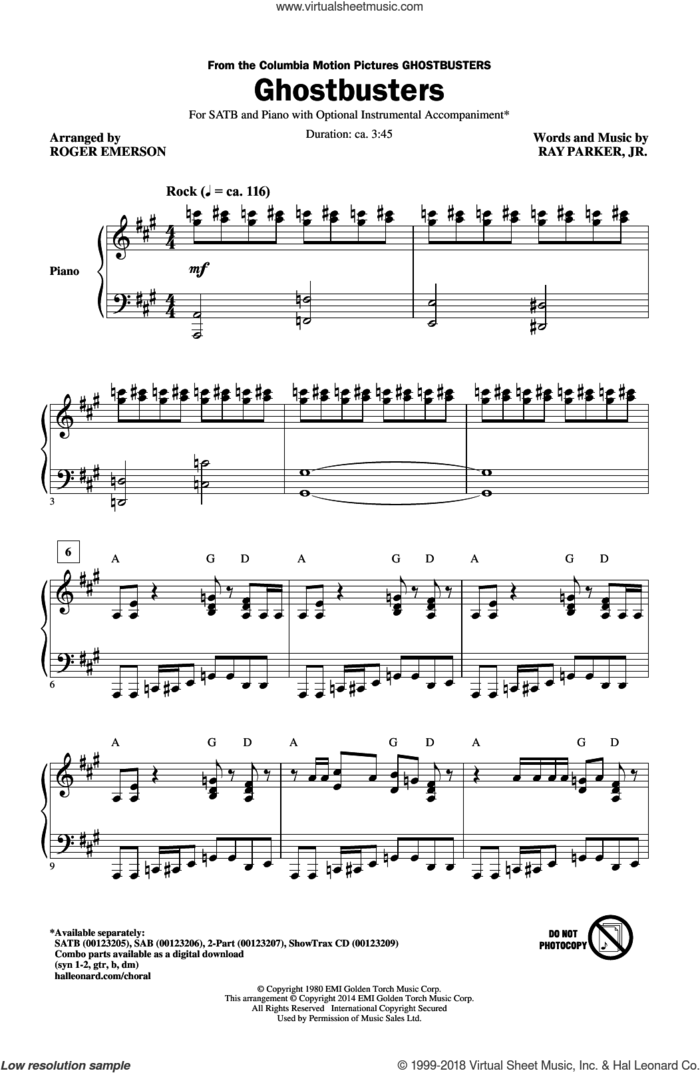 Ghostbusters (arr. Roger Emerson) sheet music for choir (SATB: soprano, alto, tenor, bass) by Roger Emerson and Ray Parker Jr., intermediate skill level