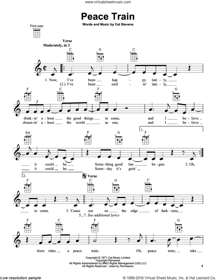 Peace Train sheet music for ukulele by Cat Stevens, intermediate skill level