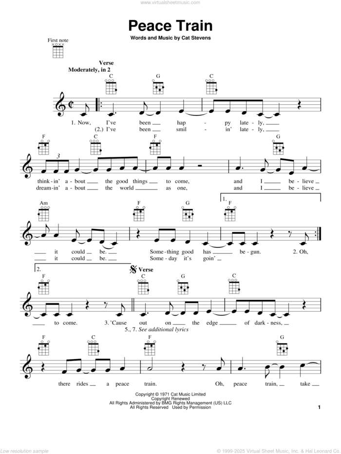 Peace Train sheet music for ukulele by Cat Stevens, intermediate skill level