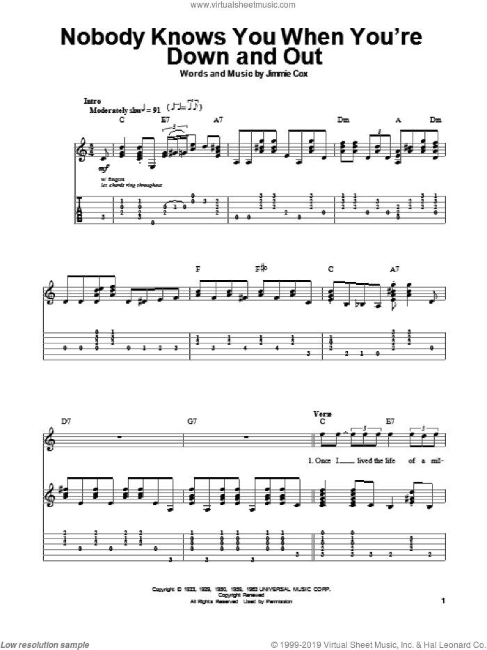 Nobody Knows You When You're Down And Out sheet music for guitar (tablature, play-along) by Eric Clapton and Jimmie Cox, intermediate skill level