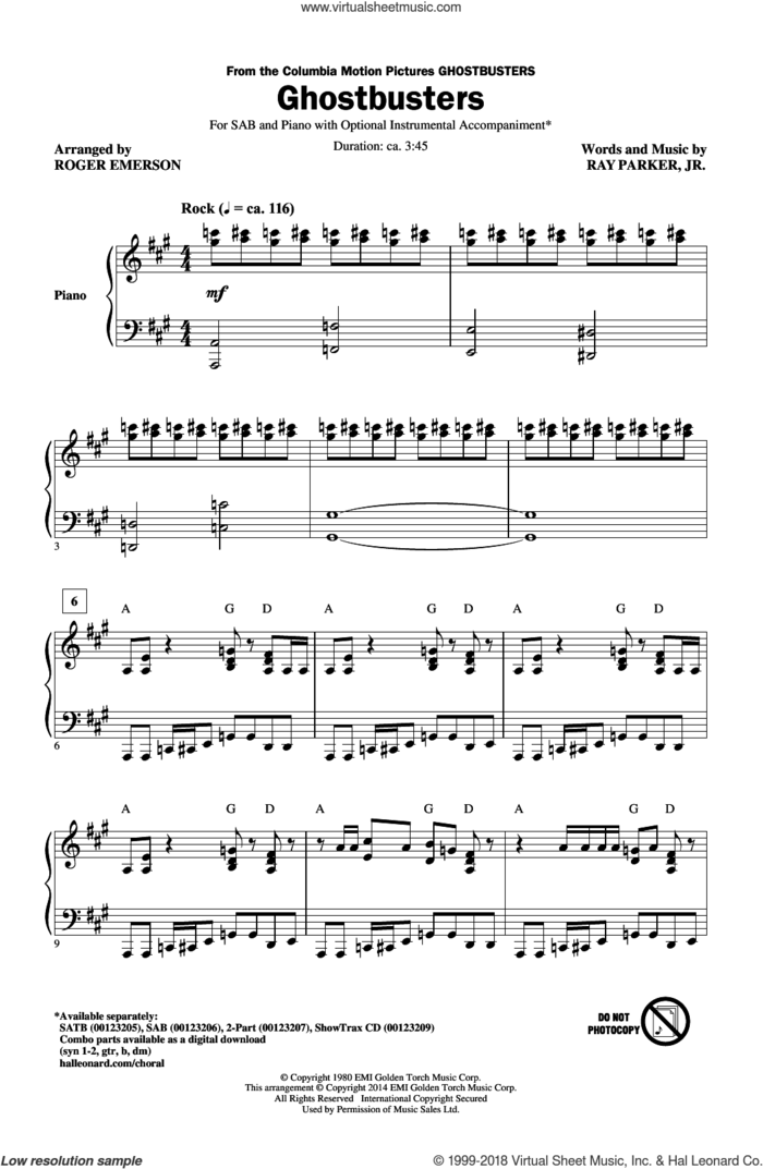 Ghostbusters sheet music for choir (SAB: soprano, alto, bass) by Roger Emerson and Ray Parker Jr., intermediate skill level