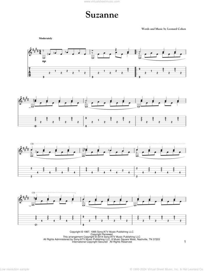 Suzanne sheet music for guitar solo by Leonard Cohen, intermediate skill level