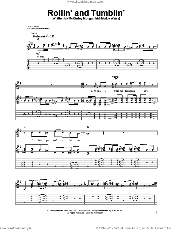 Rollin' And Tumblin' sheet music for guitar (tablature, play-along) by Eric Clapton and Muddy Waters, intermediate skill level
