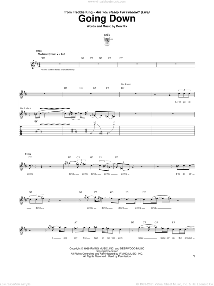 Going Down sheet music for guitar (tablature) by Freddie King and Don Nix, intermediate skill level