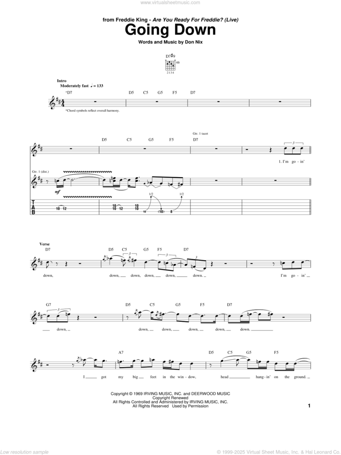 Going Down sheet music for guitar (tablature) by Freddie King and Don Nix, intermediate skill level