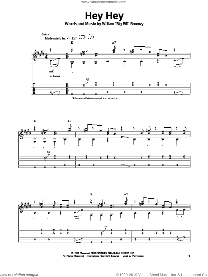 Hey Hey sheet music for guitar (tablature, play-along) by Eric Clapton and Big Bill Broonzy, intermediate skill level