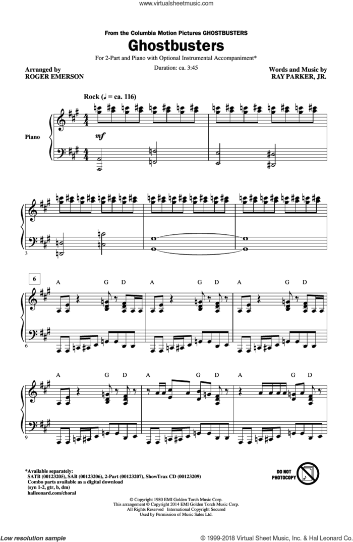 Ghostbusters (arr. Roger Emerson) sheet music for choir (2-Part) by Roger Emerson and Ray Parker Jr., intermediate duet