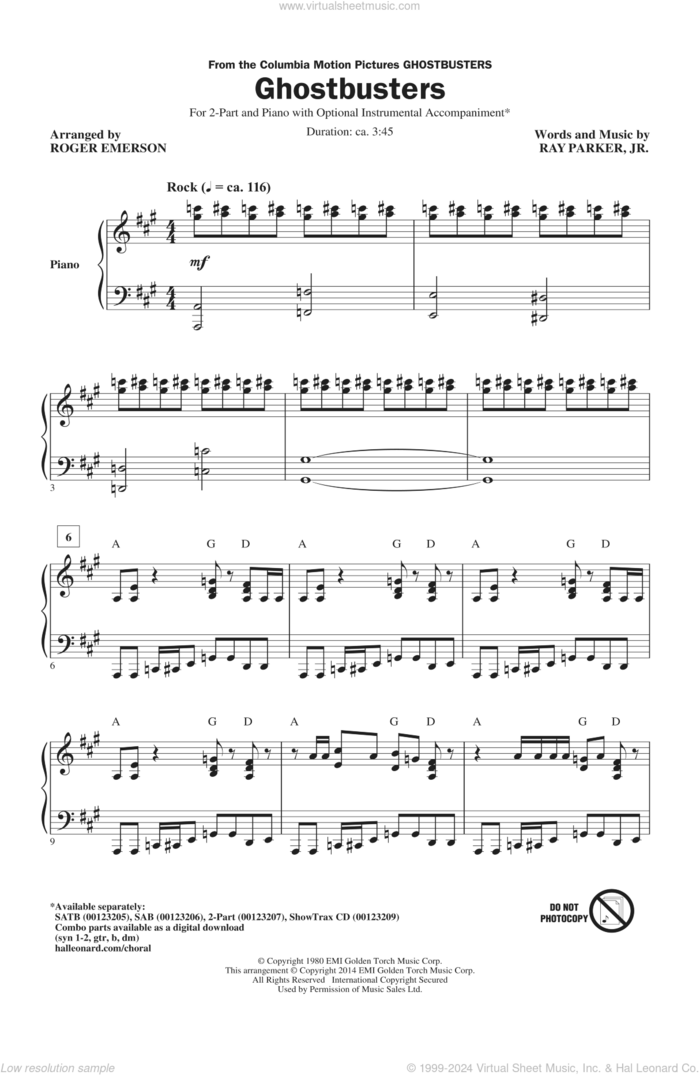 Ghostbusters (arr. Roger Emerson) sheet music for choir (2-Part) by Roger Emerson and Ray Parker Jr., intermediate duet