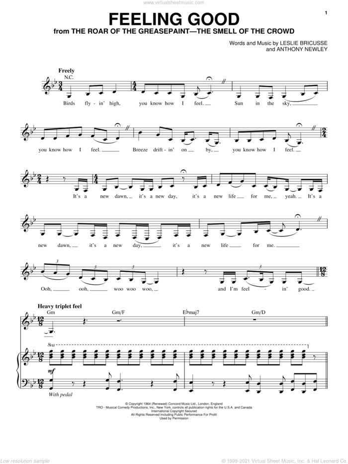 Feeling Good sheet music for voice and piano by Nina Simone, Anthony Newley, Leslie Bricusse and Michael Buble, intermediate skill level