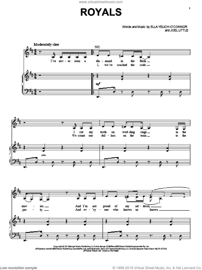 Royals sheet music for voice and piano by Lorde and Joel Little, intermediate skill level