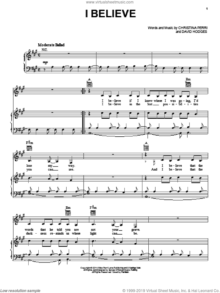I Believe sheet music for voice, piano or guitar by Christina Perri and David Hodges, intermediate skill level