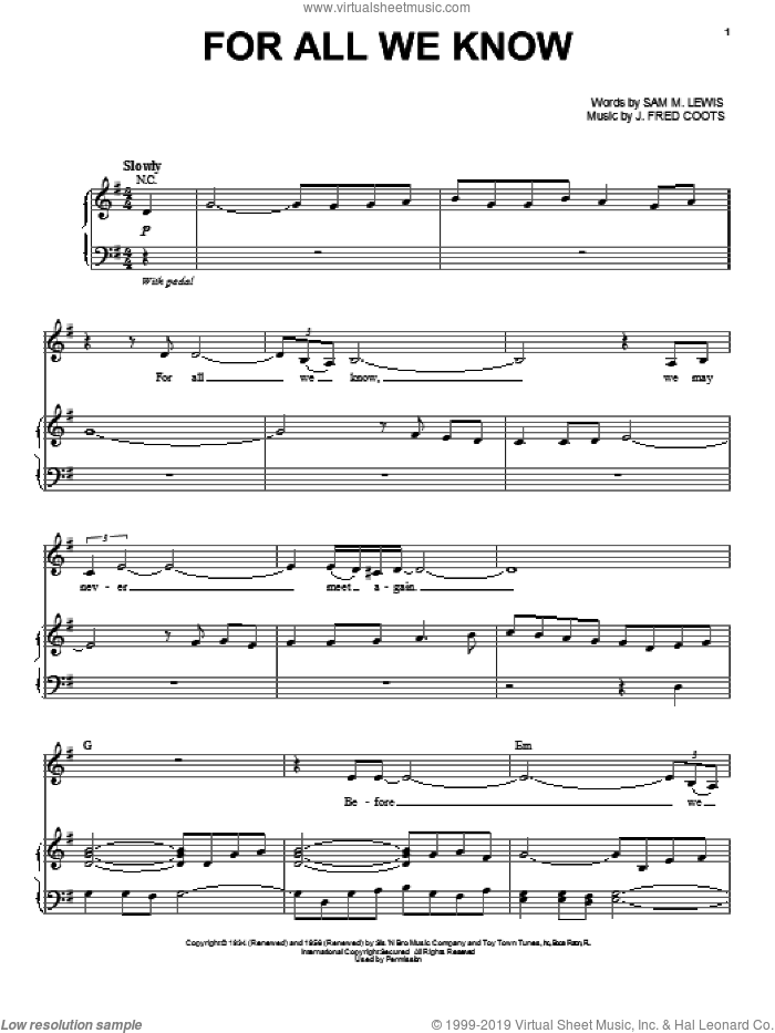 For All We Know sheet music for voice and piano by Nina Simone, J. Fred Coots and Sam Lewis, intermediate skill level