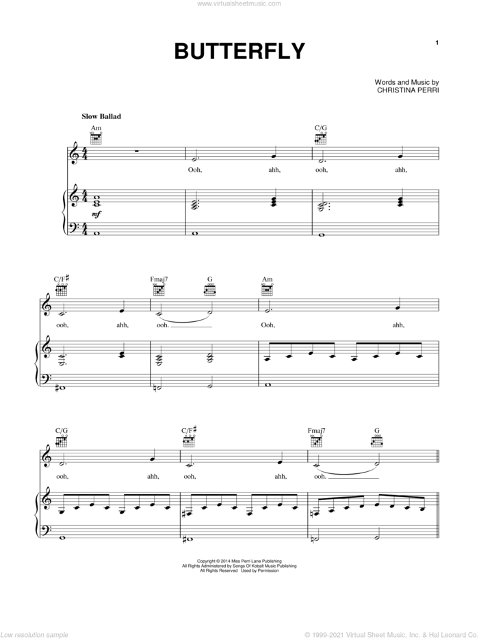 Butterfly sheet music for voice, piano or guitar by Christina Perri, intermediate skill level