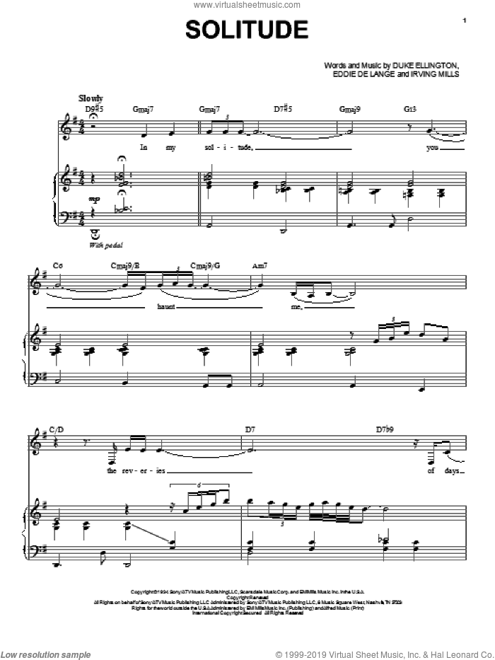 Solitude sheet music for voice and piano by Nina Simone, Duke Ellington, Eddie DeLange and Irving Mills, intermediate skill level